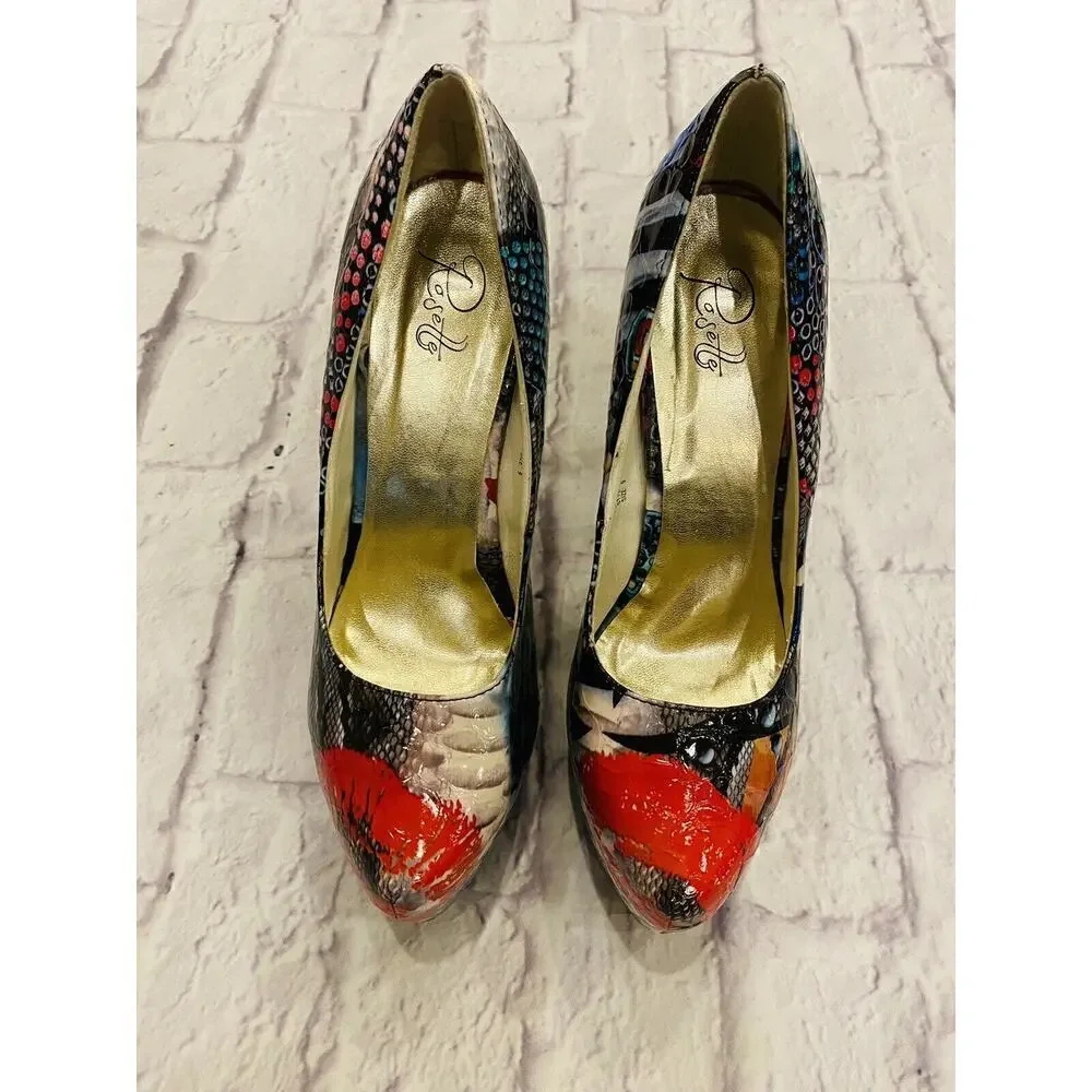 Rosette Artsy Platform Heels Women’s Size 9 Rave Dance Lips Party Disco Retro